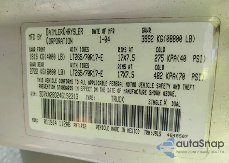 2004 Dodge Ram 2500 Slt/Laramie from USA, damaged, VIN 3D7KA28D24G192313